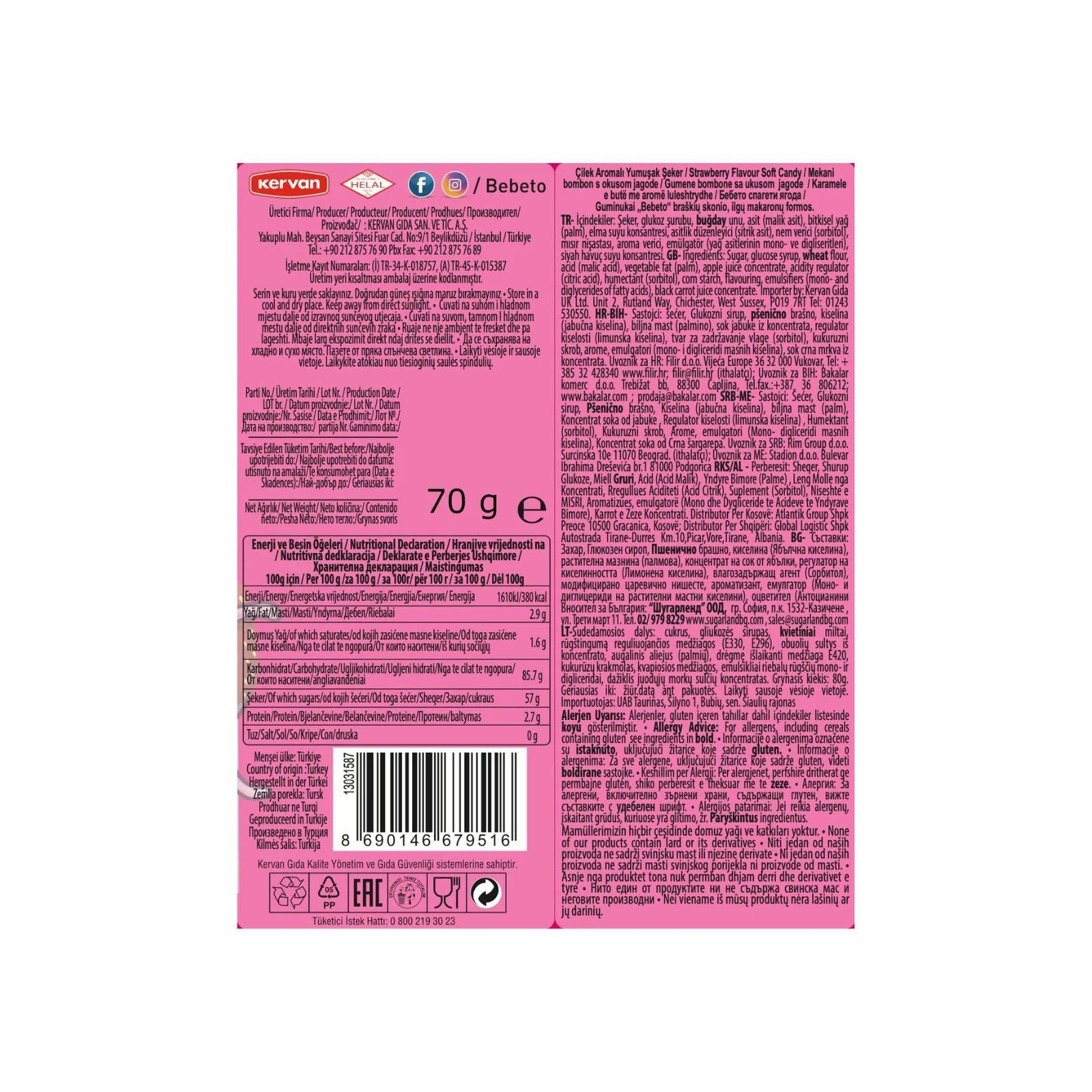 Bebeto Sour Strawberry Spaghetti 70g (Box of 20) - Image 3