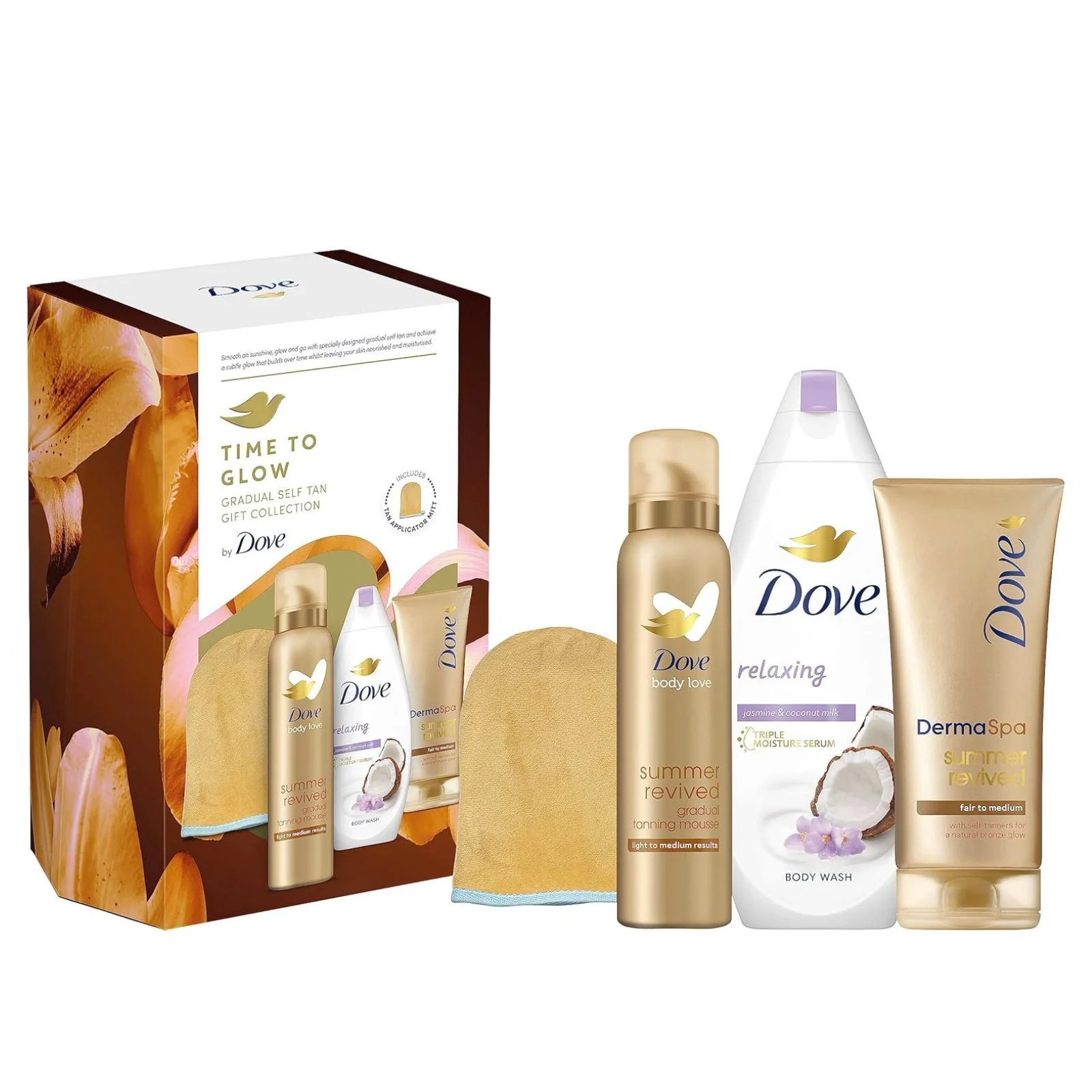 Dove Time to Glow Gradual Self Tan Gift Collection Set 4 piece
